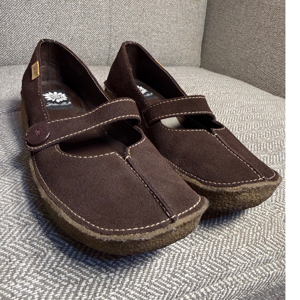 Yellow Box Belt Brown Suede Mary Jane Wedge Flats Shoes Womens 8 Contrast Stitch